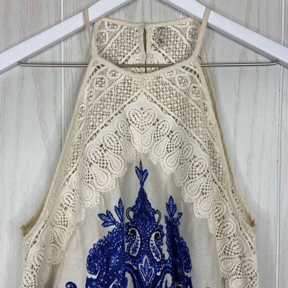 Free People Shea Mini Dress Blue Cream Size XS Boho Festival Swing Slip - Picture 4 of 7